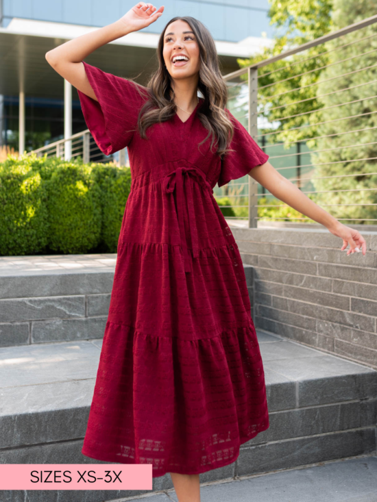 AlanaBurgundyTexturedTieDress.png Alana Burgundy Textured Tie Dress