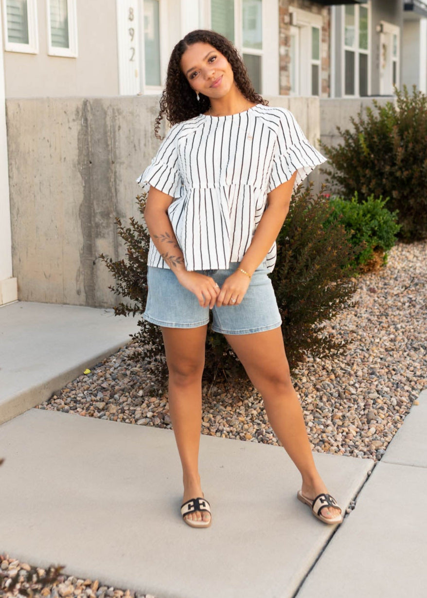 Brynn Black Striped Peplum Top