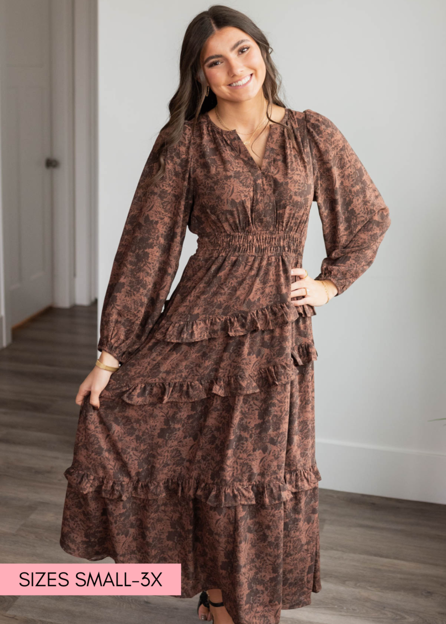 PaigeMahoganyFloralTieredDress2.png Paige Mahogany Floral Tiered Dress