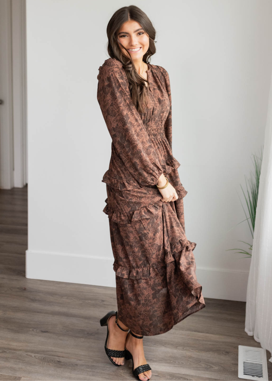 PaigeMahoganyFloralTieredDress3.png Paige Mahogany Floral Tiered Dress