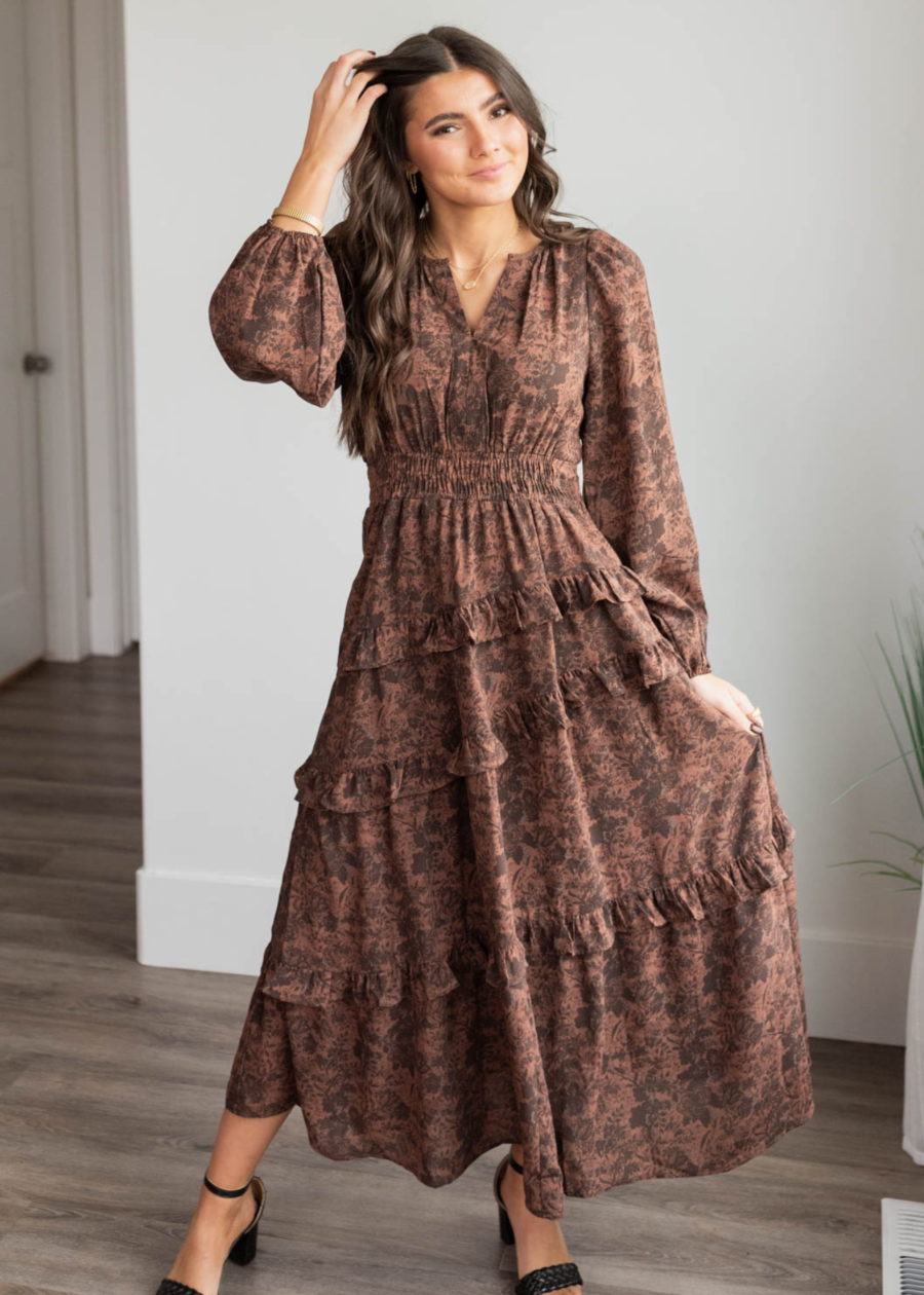 PaigeMahoganyFloralTieredDress5.png Paige Mahogany Floral Tiered Dress