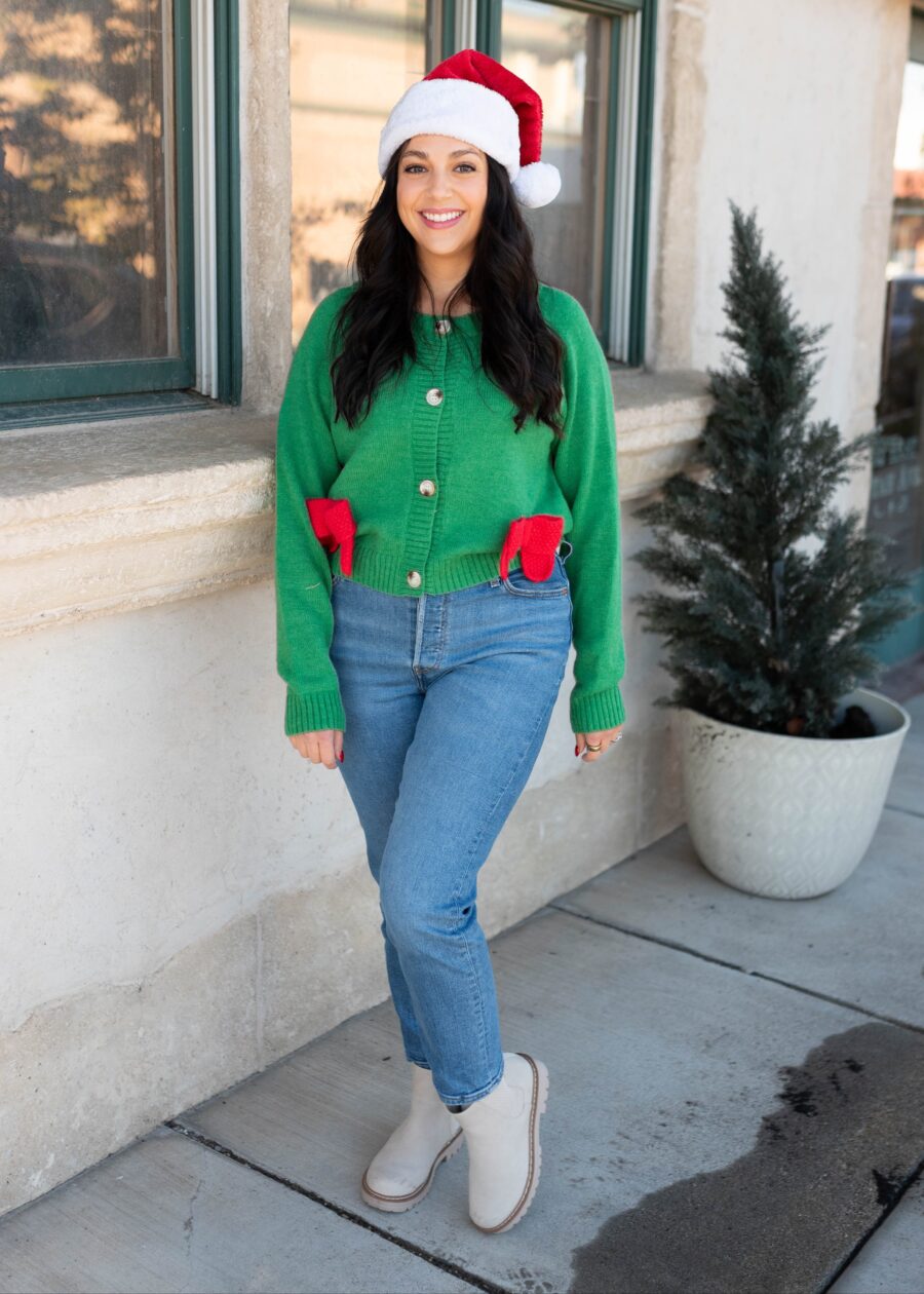 VeronicaGreenChristmasBowCardigan_DSC4535.jpg Veronica Green Christmas Bow Cardigan